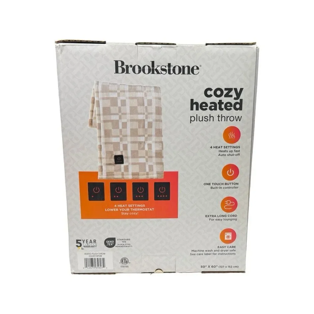 Brookstone Cozy Heated Printed Plush Throw - 50” x 60” - Chic Plaid